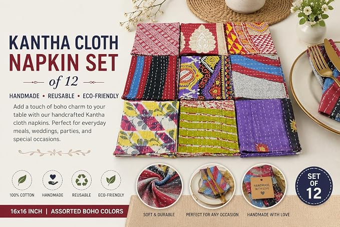 Mango Gifts Kantha Cloth Napkins Set of 12 – Handmade Cotton Reusable Dinner Napkins, 16x16 Inch, Assorted Boho Colors, Eco Friendly Table Linen for Weddings & Parties - Image 5