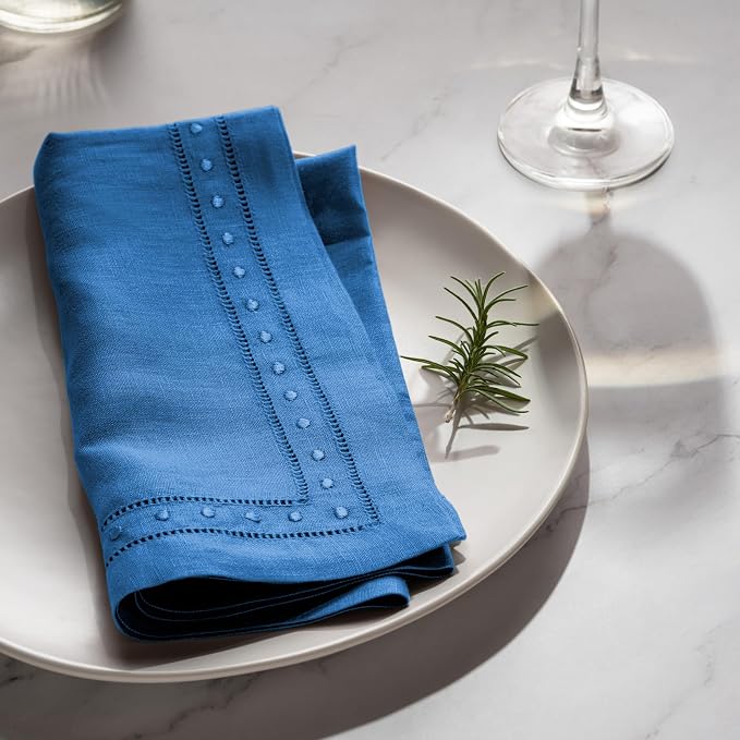 Linen Napkins Set of 4-100% Flax Linen Royal Blue Dinner Napkins with Embroidered Dot 18 x 18 inch - Hemstitch Cloth Napkins Washable for Summer and Wedding Decor - Image 2