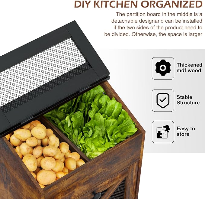 Wooden Potato and Onion Storage Bin w/Lid, Large Capacity and Ventilated Design, Ideal for Pantry, Kitchen Brown - Image 7