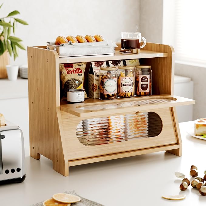 Bread Box,Extra Large 2-Tier Bamboo Bread Box for Kitchen Countertop,Bread Storage Container with Magnetic Acrylic Door for Homemade Bread,Under Cabinet,Pantry Organizer(Natural) - Image 4