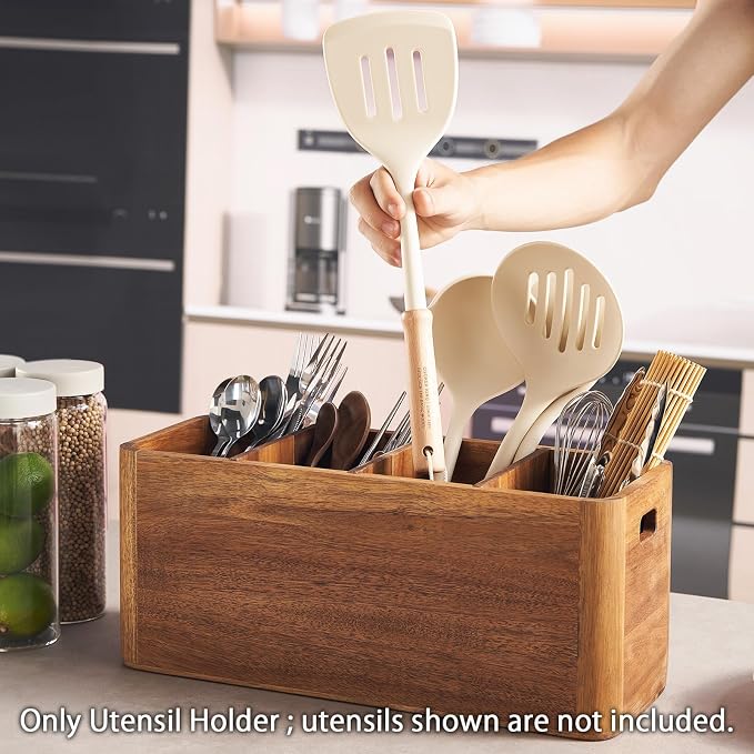 16" Wooden Kitchen Utensil Holder, Extra Large Acacia Wood Organizer for Cooking Tools, Utensils & Cutlery Storage – 4-Compartment Countertop Holder - Image 3