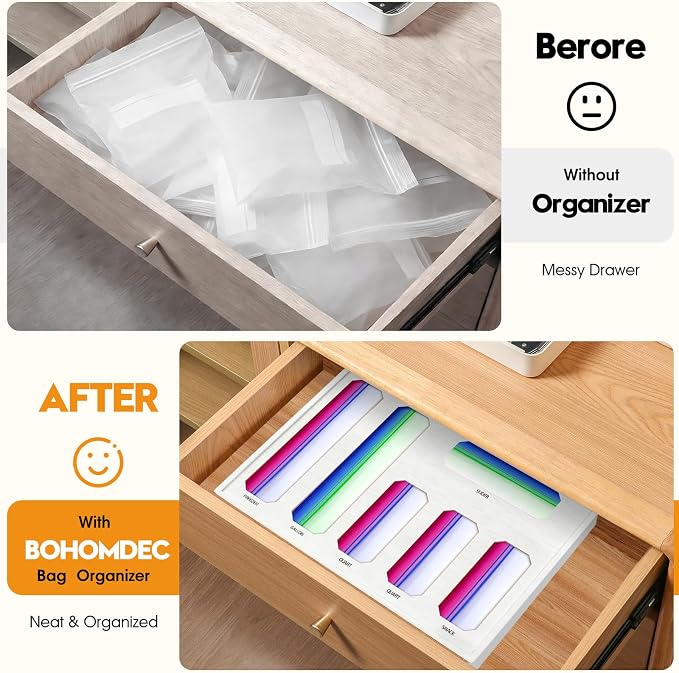 6 in 1 Bamboo Ziploc Bag Storage Organizer, White Baggie Organizer for Drawer with Sliding Lid - Fits Gallon, Quart, Sandwich, Snack & Freezer Bags, Wall Mountable Kitchen Drawer Organization - Image 2