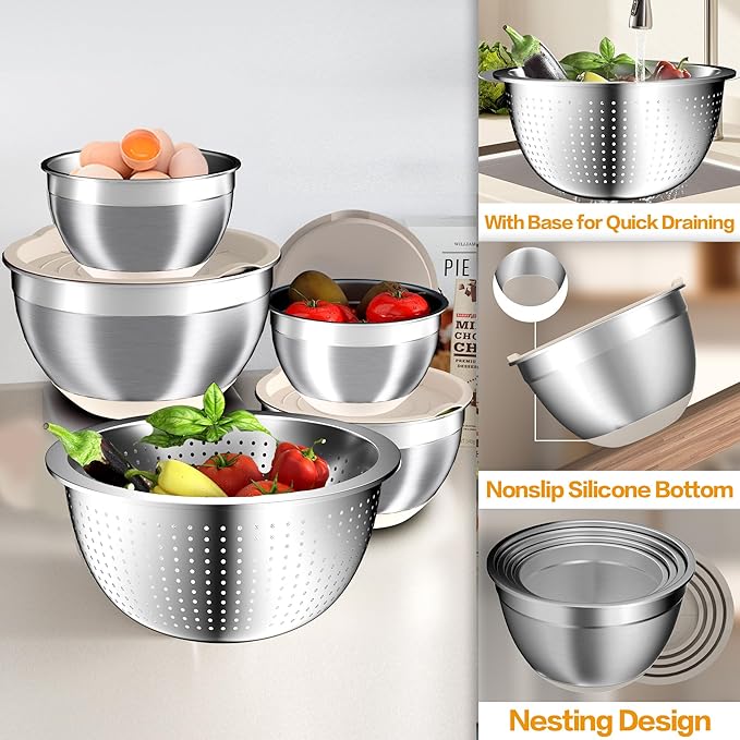Mixing Bowls with Airtight Lids Set, 4 Stainless Steel Bowls Nesting Bowls & Colander, Kitchen Organizers and Storage Non-Slip Bottom, Size 1.5/2.0/2.5/4.5QT, Great for Mixing & Serving, Khaki - Image 7