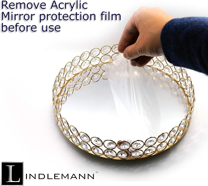 Crystal Decorative Tray Metal Mirrored Perfume Cosmetic Organizer Jewelry Trinket Display Storage Vanity Trays Home Décor Accents Luxury Gift (Round, 10in, Gold) - Image 5