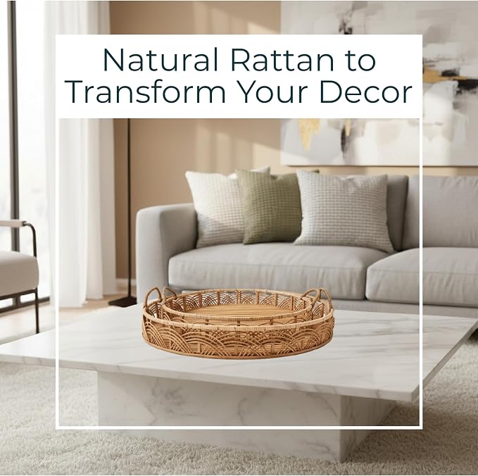 Set of 2 Handwoven Rattan Serving Trays with Handles – Round Bamboo Wood Tray for Office & Home Decor – Decorative Serving Tray Organizer for Living Room & Bedroom, Rustic Brown - Image 3
