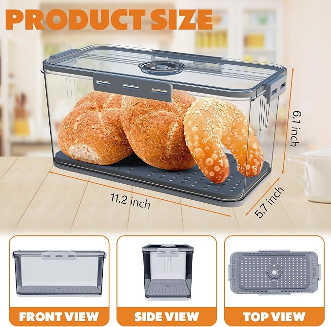 Honbuty 2PCS Bread Boxes,Bread Box for Kitchen Counter Airtight,Time Recording Bread Storage Container with Lid, Bread Keeper for Homemade Bread, Toast, Bagel, Donut and Cookies (Grey) - Image 2