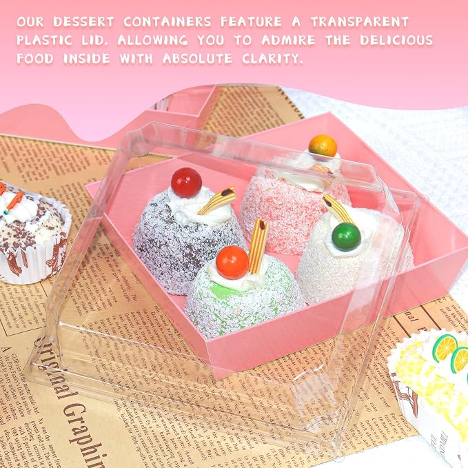 Pink Charcuterie Boxes with Clear Lids, 100 Bakery Containers | Food-Grade Material, Snug Fit, 5.3 x 4.9 x 2.5 in, Printed Bands, Dessert Takeout, Catering, Individual Portions - Image 4