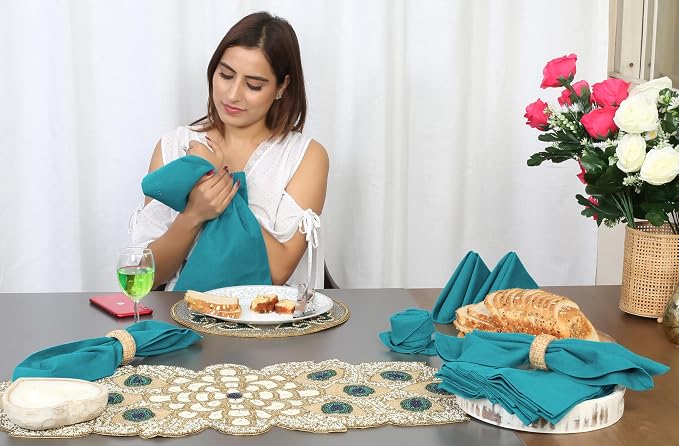 Bedding Craft Cotton Cloth Dinner Napkins Set of 12 – 18x18 Teal Hemstitched with Decorative Selvedge Holes & Mitered Corners – Reusable Machine Washable Fabric Napkins for Weddings & Dining - Image 7