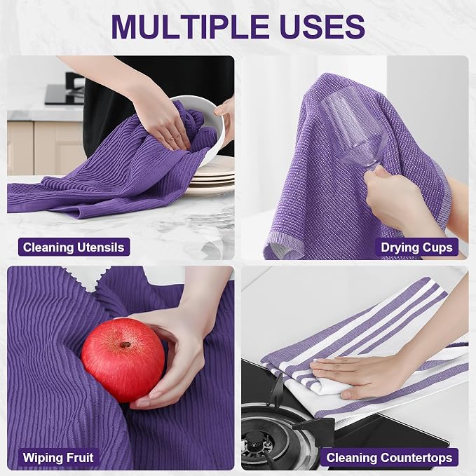Homaxy Cotton 380 GSM Premium Kitchen Towels, 18"x 28", 6 Pack, Purple | Soft and Absorbent Terry Dish Towels, Multipurpose Tea Towel Set with Hanging Loop, 3 Styles Kitchen Hand Towels - Image 4