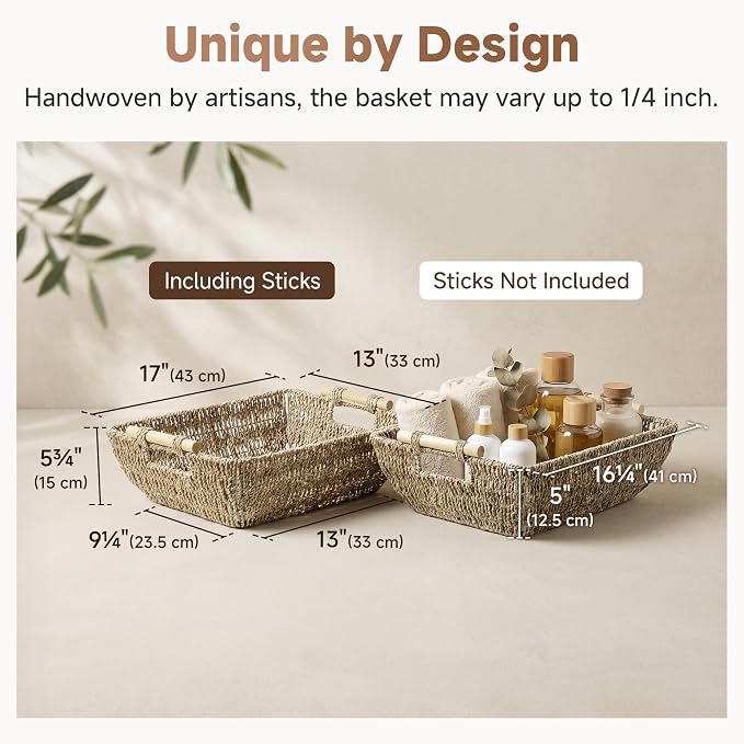StorageWorks Hand-Woven Jumbo Storage Baskets with Wooden Handles, Seagrass Wicker Baskets for Organizing, 2-Pack - Image 3
