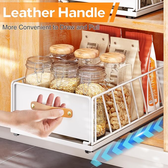 Pull out Cabinet Organizer,Heavy Duty Slide out Pantry Shelves Drawer Storage with Adhesive Nano Film,Sliding Mesh Cabinet Basket with Handle for Kitchen, Bathroom, Home, 9.8"W X 15.7"D X 6.2"H,White - Image 7