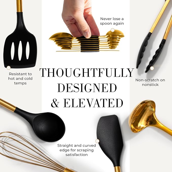 Styled Settings Black and Gold Kitchen Utensils Set, 15-Piece | Nonstick BPA-Free Silicone Coooking Utensils, Gold Utensil Holder, & Magnetic Measuring Spoons - Stylish Kitchen Accessories - Image 8