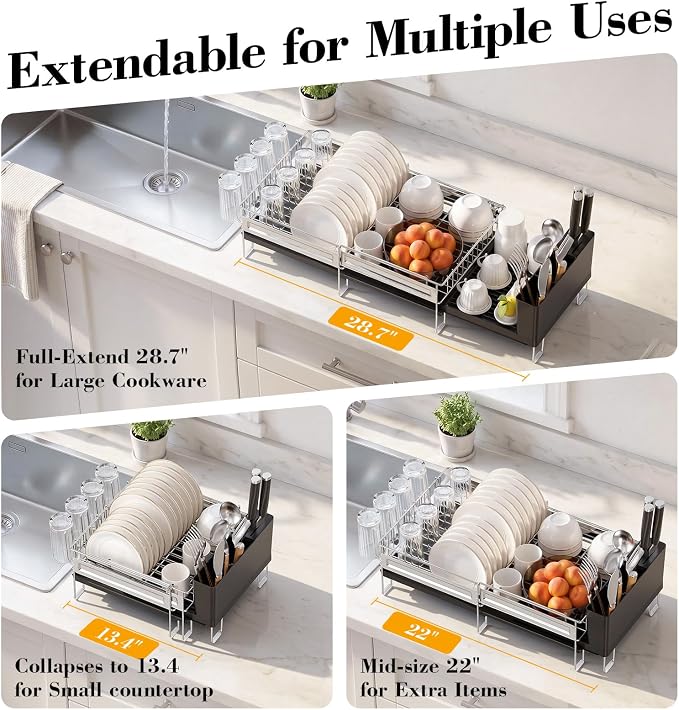 Delamu Large Dish Drying Rack, Stainless Steel Dish Racks for Kitchen Counter, Multifunctional Dish Drainer with Cutlery & Cup Holders, Extendable from 13.4 to 28.7 in, Black - Image 2