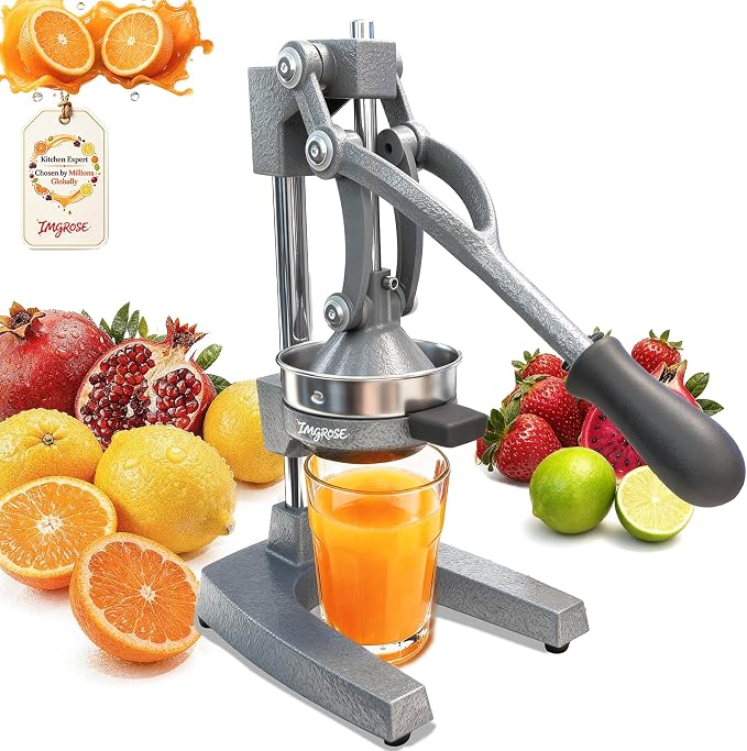 Manual Lemon Juicer Squeezer – Hand Juicer Cast Iron | Heavy Duty Commercial-grade Hand Press, Orange Citrus Squeezer, Citrus Fruit Juicer -Stainless Steel,Easy to Clean Grey by IMGROSE