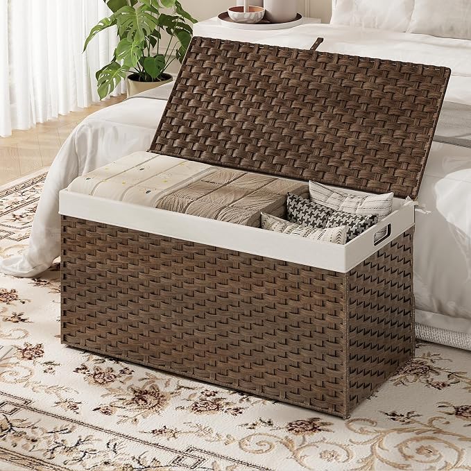 HOOBRO Storage Basket with Lid, 52.8 Gallon (200L) Wicker Basket, Handwoven Blanket Storage Basket with Handles, Metal Frame and Soft Lining, Foldable for Bedroom, Laundry Room, Brown BR220CW01 - Image 2