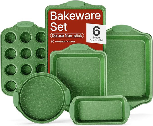 BAKKEN Kitchen Baking Pan Set - Nonstick Green Marble Coating, Carbon Steel Bakeware Sets with Green Silicone Handles, Kitchen Essentials, PFOA, PFOS, PTFE Free, Oven Safe (Up To 450° F), Set of 6 by BAKK%C3%8BNMASTER