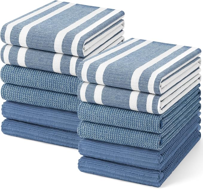 Homaxy Cotton 380 GSM Premium Kitchen Towels, 18"x 28", 12 Pack, Navy Blue | Soft and Absorbent Terry Dish Towels, Multipurpose Tea Towel Set with Hanging Loop, 3 Styles Kitchen Hand Towels by Homaxy