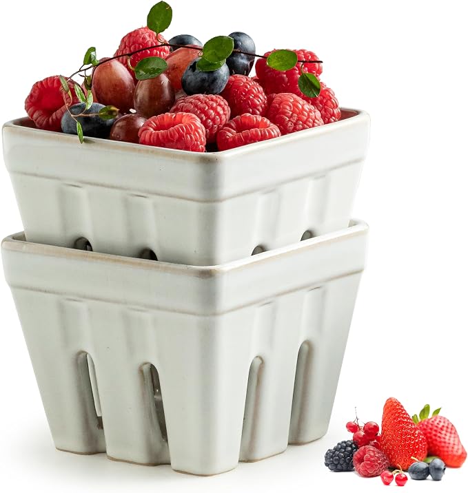 Gomakren Ceramic Berry Basket Set of 2, Square Fruit Bowl with Holes, Small Fruit Basket Containers for Kitchen Counter, Berries, Strawberry, Grape, Cherry, White by Gomakren