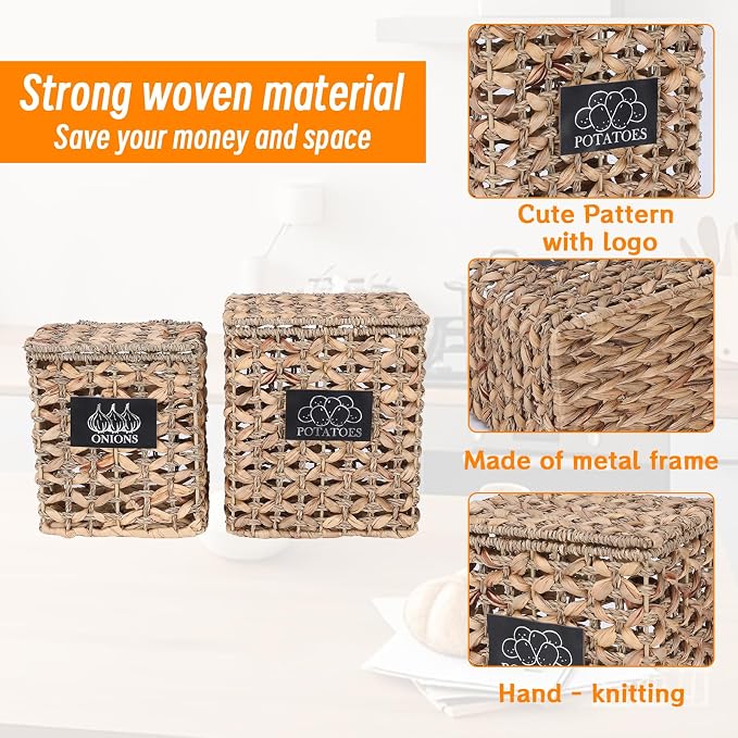 2 Pack Potato and Onion Storage, Onion Container Potato Bin with Lids, Handwoven Vegetable Storage Produce Basket, Mesh Basket with Aerating Holes, Kitchen Pantry Organizer and Storage - Image 2