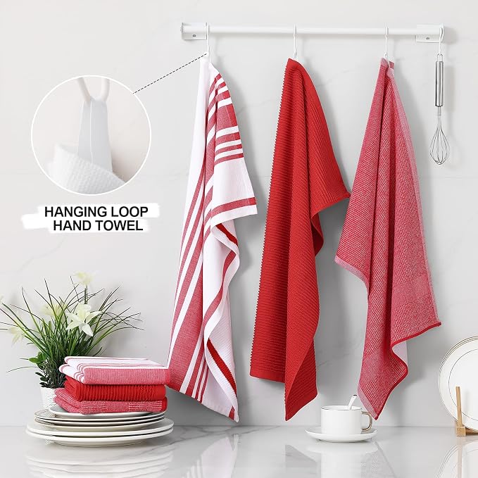 Homaxy Cotton 380 GSM Premium Kitchen Towels, 18"x 28", 3 Pack, Red | Soft and Absorbent Terry Dish Towels, Multipurpose Tea Towel Set with Hanging Loop, 3 Styles Kitchen Hand Towels - Image 3
