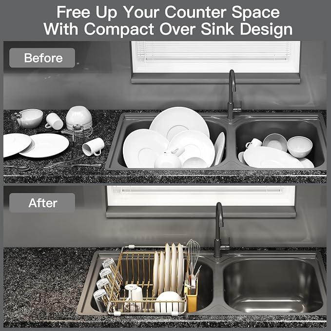 Gold Dish Drying Rack Over The Sink with Utensil Holder, Mat | Expandable Stainless Steel Dish Drainer for Small Kitchen, Apartment, RV, Counter Space Saving, Perfect Fit, Rustproof - Image 2