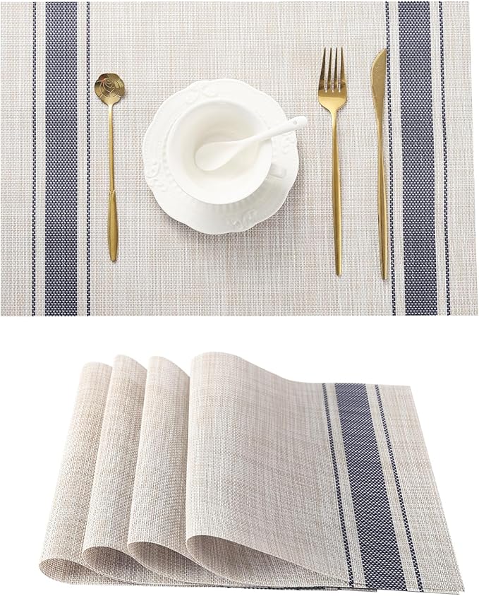 Leetaltree Khaki-Blue Placemats, Heat Resistant Non-Slip Place mats for Dining Table, Washable Durable PVC Vinyl Woven Table Mats (Set of 4) by Leetaltree-ArtatEveryTable