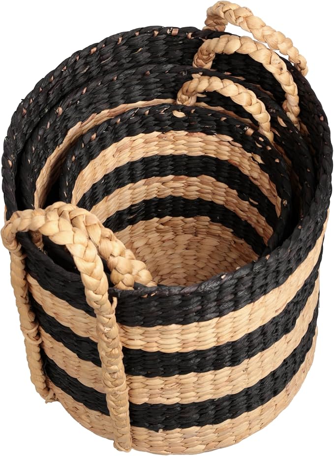 happimess Willow 3-Piece Nesting Hyacinth Baskets 19", Black/Natural | Handwoven, Rustic Cottage Stripe, Integrated Side Handles, Decorative Storage Containers, Living Room, Bedroom - Image 8