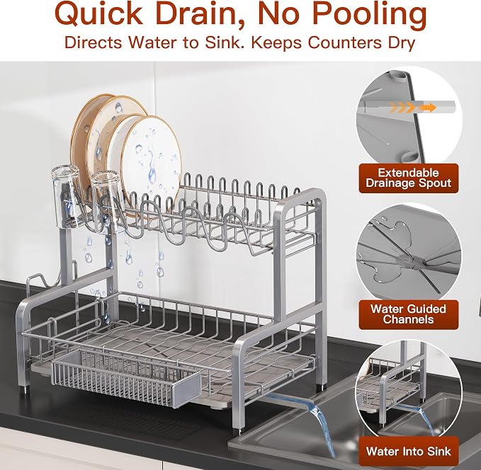 2 Tier Large Stainless Steel Dish Drying Rack for Kitchen Counter | Big Dish Drainer with Drainboard, Cup & Utensil Holder, Space Saving Rustproof Countertop Metal Plate Dryer Rack, Fast Drain - Image 2