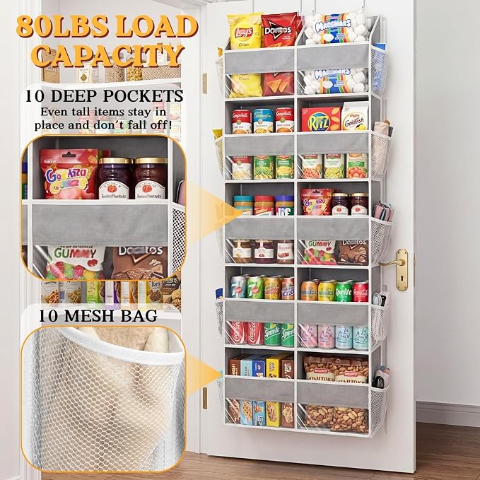 5-Tier Over Door Organizer, 10-Compartment Wide Storage Rack | 20" wide, 80 lbs for heavy family use, 10 side pockets, fits doors for closet, nursery, entryway, dorm, RV, laundry room - Image 3