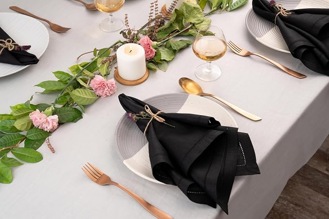 Signature Linen™ by D'Moksha Black Dinner Napkins Set of 8, 20 x 20 Inch Cloth Napkins, 100% Pure Linen, Hemstitch, Machine Washable Table Napkins- Summer, Weddings, Outdoor hostings - Image 3