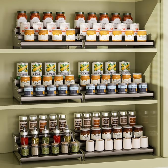 Expandable Carbon Steel Spice Rack Organizer for Pantry, Adjustable 3-Tier Ladder Shelf,Holds Up to 24 Cans,Kitchen Countertop Organizer, Rustproof Storage Rack for Spices, Cans, Sauces & Dry Goods - Image 3