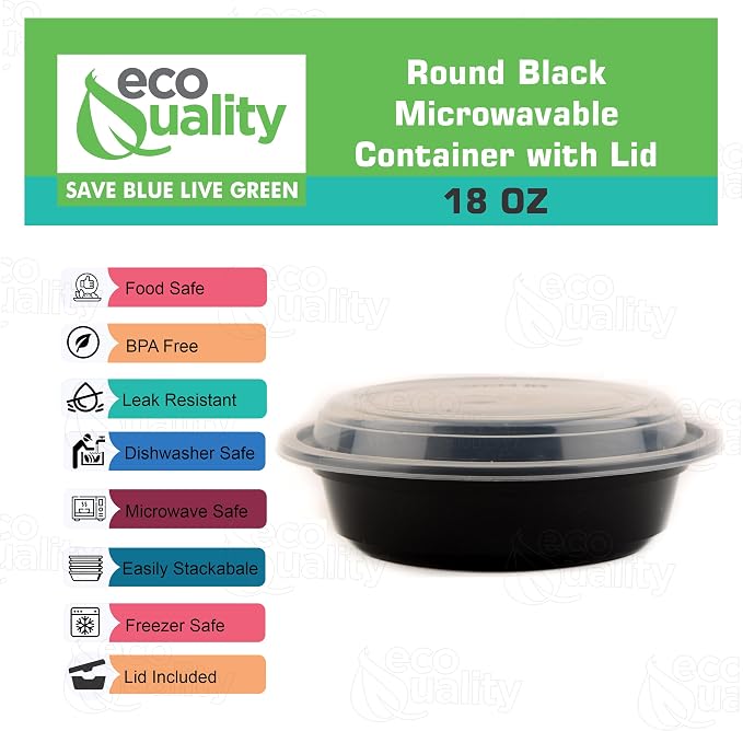 18 oz - 100 Count - Round Microwaveable Plastic Meal Prep Containers with Lids - Food Storage Container - Certified BPA-Free, Stackable, Reusable Microwave, Dishwasher,Freezer Safe, Disposable (Black) - Image 2