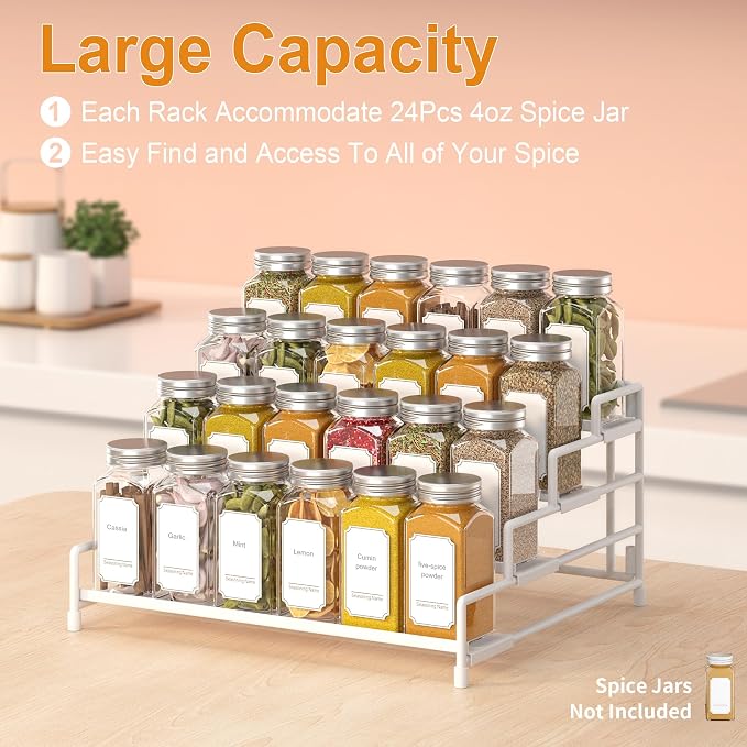 RUILALIFE 4-Tier-Spice-Rack-Organizer-for-Cabinet, Adjustable Depth Spice Holder Shelf For Countertop Pantry Cupboard, Metal Tiered Seasoning Organizer,Display Shelf Riser (White-2 Pack) - Image 4