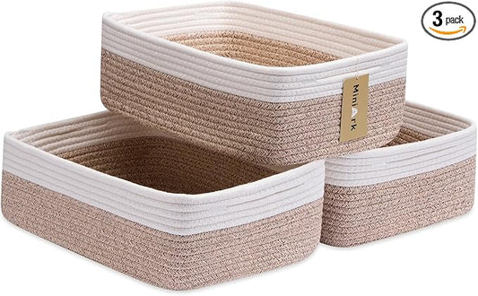 MiniArk Large Shallow Organizing Baskets 15x11x5.1 Inches - Rope Woven Storage Bins for Bathroom, Shelves, Cube Closet, White Mixed Brown 3 Packs by MiniArkStorageBasketsHome