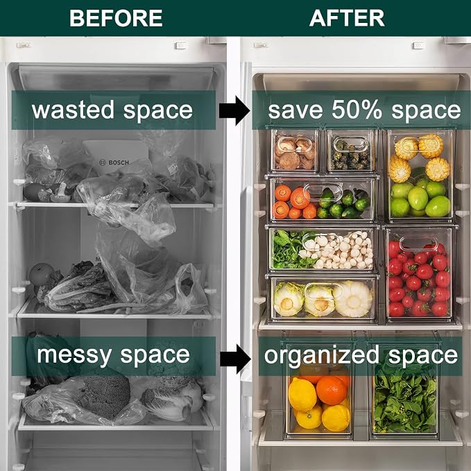 LALASTAR 2 Pack Fridge Organizer with Pull-out Drawer, Stackable Freezer Organizer Bin, Pantry Organization and Storage, BPA Free, 3.17QT - Image 2