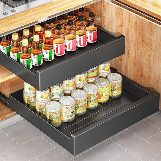 Pull Out Cabinet Organizer with Nano Adhesive, Heavy Duty Full-Extension Slide-Out Drawer for Kitchen Cabinet Organizers and Storage, No Drill Roll out Pantry Shelf, 18.5"W x 16.9"D x 3.1"H , Black by Kitstorack