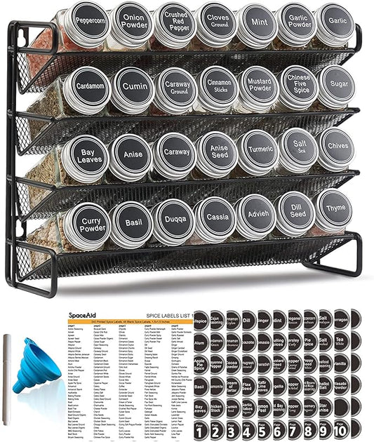 SpaceAid Spice Rack Organizer with 28 Spice Jars, 386 Spice Labels, Chalk Marker and Funnel Set for Cabinet, Countertop, Pantry, Cupboard or Door & Wall Mount - 28 Jars, 13.4" W × 10.8" H, Black by SpaceAid