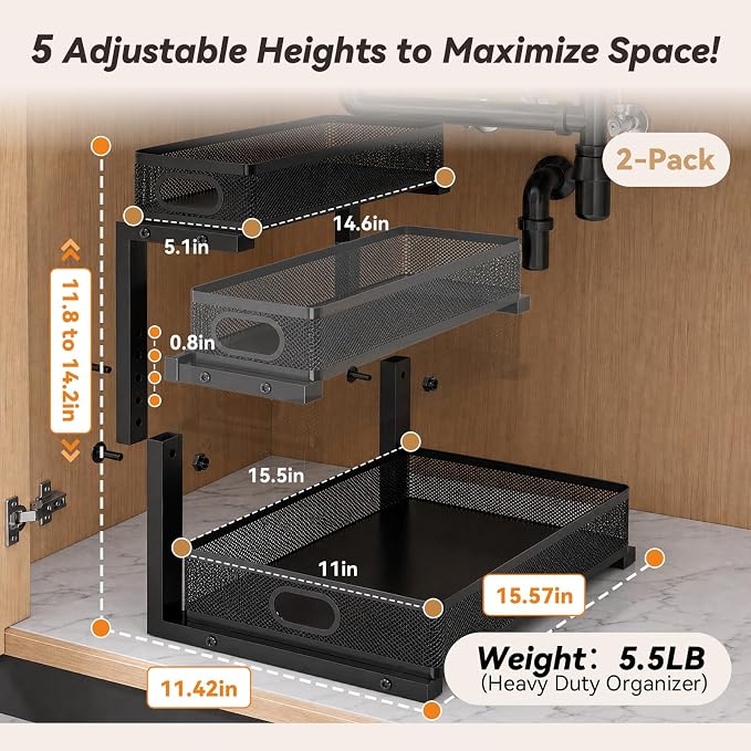 3-Tier Under Sink Organizer 2-Pack Organization for Bathroom Kitchen,Black | Thickened Metal Pull Out Cabinet Shelf Height Adjustable Slide Out Drawer Storage Rack for Pantry Laundry Home Office - Image 6
