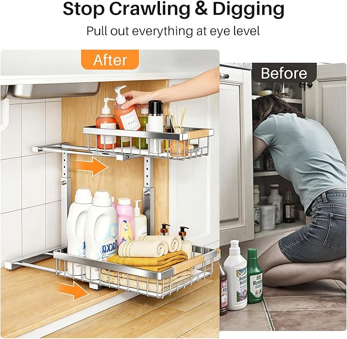PXRACK Under Sink Organizer, Adjustable Height, 2 Tier Pull Out Cabinet Organizer, Slide Out Thickened Metal Storage for Kitchen Bathroom Laundry Pantry Cabinet, Stainless Steel, Silver, Large-2-Pack - Image 4