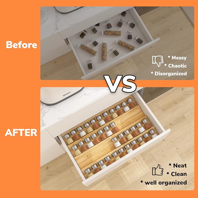 AMBIRD Bamboo Spice Drawer Organizer with Non-slip Mat,4 Tier - 2 Set Jar Spice Rack Tray From 9.5''to 19'', Seasoning Organizer for Kitchen,Cabinet,Drawers,Countertop - Image 3