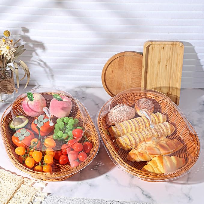 Hushee 2 Set Imitation Rattan Bread Basket with Lid Wicker Bread Baskets for Serving Woven Fruit Basket with Cover Oval Food Baskets for Food Vegetables Display(15.75 x 11.81 Inch) - Image 6