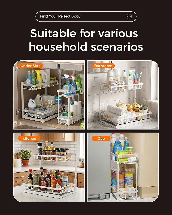 2-Pack 2-Tier Height Adjustable Under Sink Organizer & Storage | Multi-purpose storage for kitchen & bathroom cabinet. Large white shelf, height adjustable design for space-saving. - Image 8