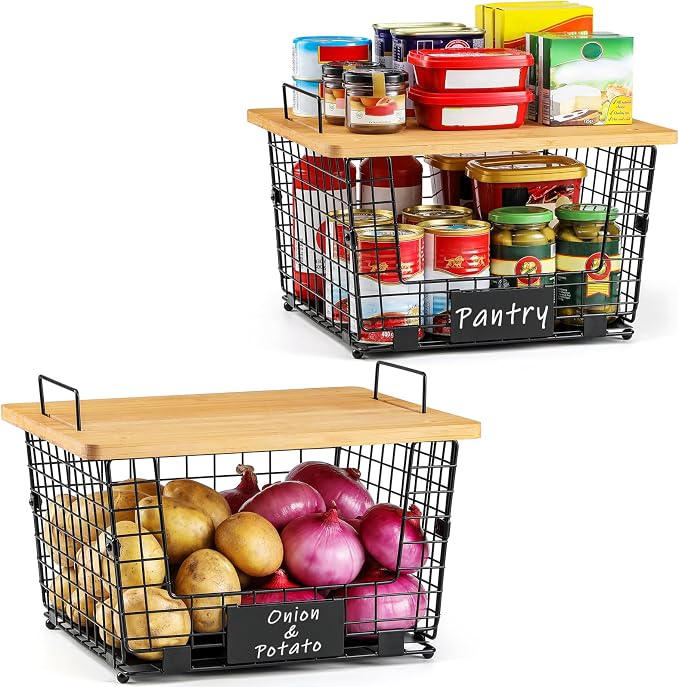 2 Set XXL Stackable Wire Basket with Bamboo Tops & Tag- Pantry Organizer and Storage Bins, Kitchen Counter Cabinet Shelf Countertop Under Sink Organizing, Food Snack Produce Onion Potato Bread Storage - Image 8