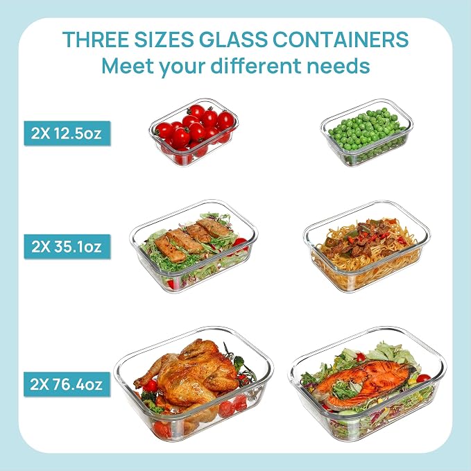 Vtopmart 2.26L/76oz Extra Large Glass Food Storage Containers with Lids, 6 pack Meal Prep Container Set, Airtight Lunch Boxes with Snap Locking Lids for Microwave, Oven, Freezer, Dishwasher | Meal Prep Container Set, Airtight Lunch Boxes with Snap Lock... - Image 6