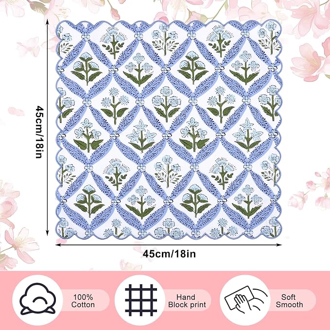 Hahafelt 12 Pcs Floral Cloth Napkins Block Print Colorful Cotton Napkins 18x18 Inches with Scalloped Edges Cotton Reusable Washable Napkin Bulk for Dinner Table Cocktail Party Weddings Home Decor - Image 2