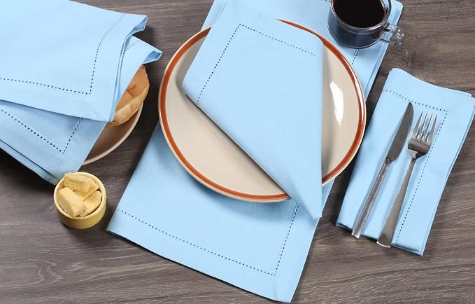 Bedding Craft Cloth Dinner Napkins Set of 12 – 18x18 Airy Blue Linen-Look Hemstitched – Soft Machine Washable Reusable Napkins for Weddings, Parties & Elegant Table Settings - Image 3