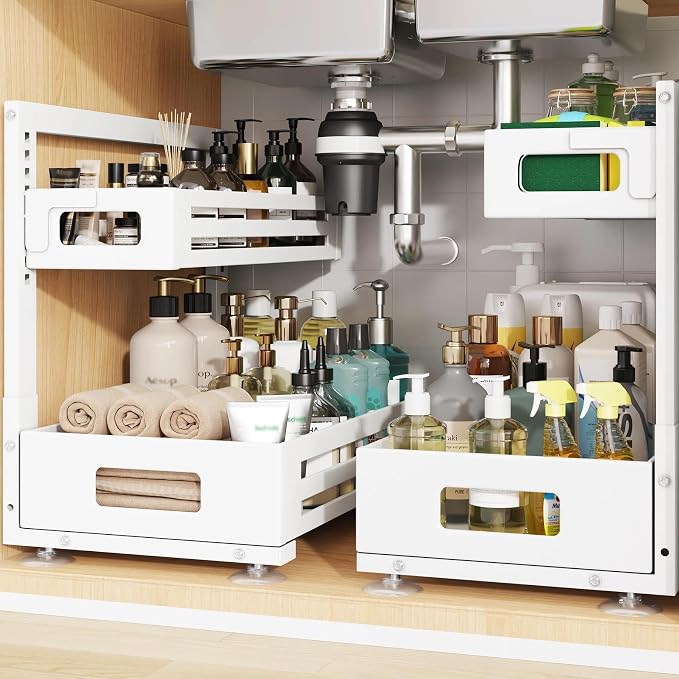 2 Pack 17IN-Depth Under Sink Organizer,Pull Out Cabinet Organizer With Smooth Cylindrical Rail,Metal Slide Out Drawer for Kitchen Bathroom Laundry,8-Level Tool Free Height Adjustable-White by UnderSinkOrganizer