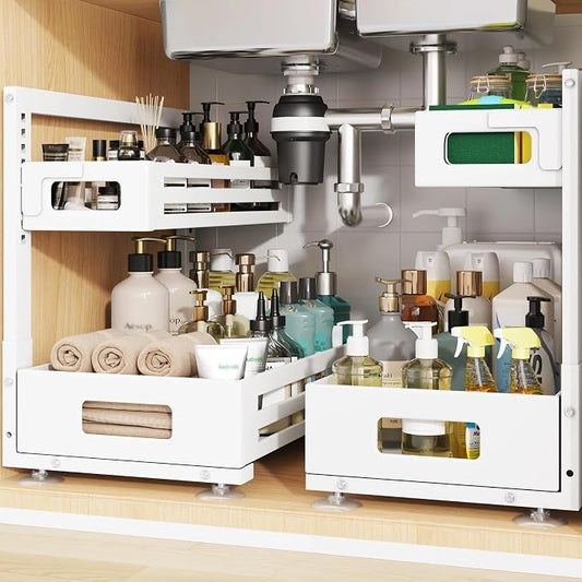 2 Pack 17IN-Depth Under Sink Organizer,Pull Out Cabinet Organizer With Smooth Cylindrical Rail,Metal Slide Out Drawer for Kitchen Bathroom Laundry,8-Level Tool Free Height Adjustable-White by UnderSinkOrganizer