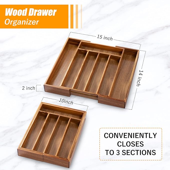 Acacia Silverware Organizer Kitchen Drawer Organizer Expandable Bamboo Utensil Holder Cutlery Tray for Kitchen Utensil and Flatware Bedroom Office - Image 3