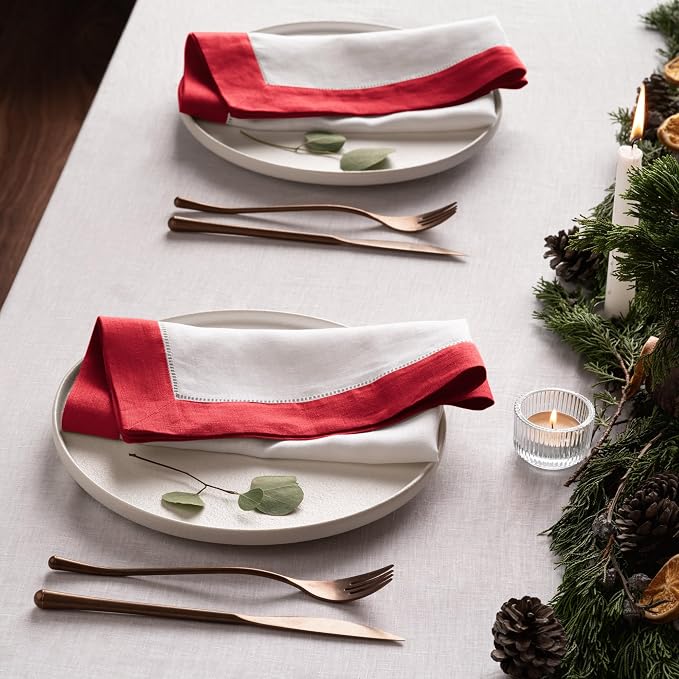 Linen Napkins 20 x 20 inch - 100% Flax Linen White and Red Dinner Napkins Cloth Set of 4 - Hemstitch Napkins Cloth Washable for Valentines Day, Winter and Spring Decor - Image 3